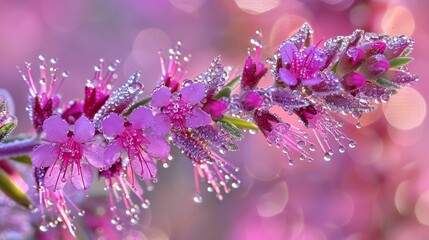   A pink flower in focus, petals dotted with water drops, background softly blurred