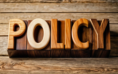 3d render illustration of text word POLICY in wooden blocks sitting on a rustic wooden table.