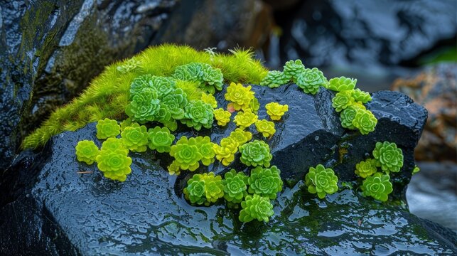   A tight shot of a plant perched atop a rock in a cascading water stream, adorned with moss covering its surface