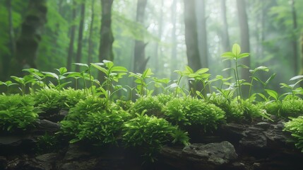   A forest teeming with numerous green plants borders another forest of similarly abundant greenery atop rocks