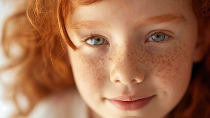 Fototapeta premium Close up portrait of smiling redhead little girl with freckles and beautiful eyes