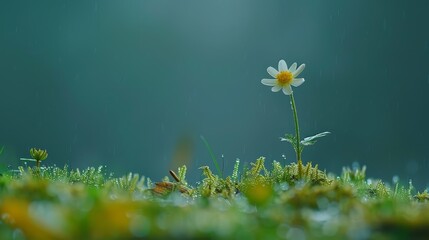   A solitary white bloom atop a verdant, wet grassy expanse, dotted with droplets