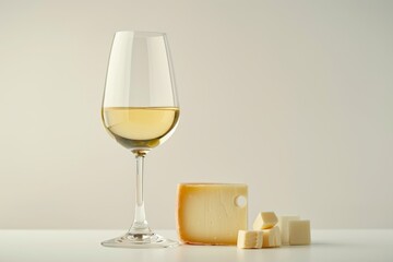 Elegant White Wine Glass Paired with Gourmet Cheese on a Neutral Background