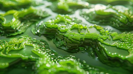   A close-up of water droplets on a leafy green surface, with droplets clearly visible on the surface