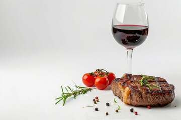 Grilled Steak and Red Wine on Elegant Dinner Table Setting