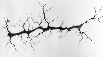   A black-and-white image of a leafless tree branch against a white backdrop