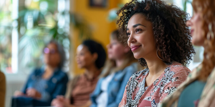 Smiling Diverse Women Attending Workshop in Bright Room