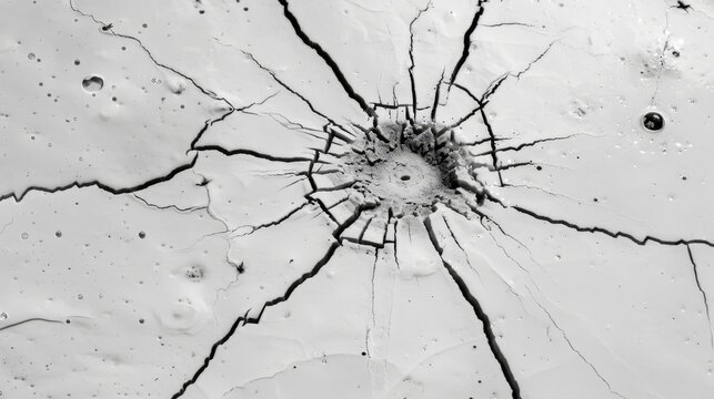   Two black-and-white photos depict cracks in the ground One features water droplets on the surface