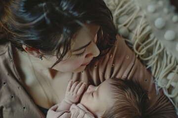 Obraz na płótnie Canvas Tender Motherhood Moment Woman Cradling Sleeping Newborn Baby