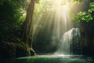 Enchanted Forest Waterfall Bathed in Sunbeams