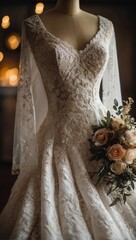 Rustic Elegance: Bridal Gown with Boho Accents on a Mannequin
