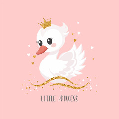 Little swan princess with a golden crown on a pink background. Cute illustration for fashion print, greeting cards, nursery bedroom decoration. Vector