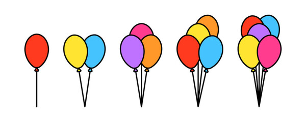 Set of linear colored balloons. Colorful bunch balloons with rope. Flying balloon.