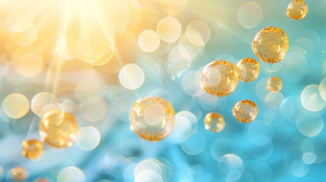   A plethora of bubbles hovering over a blue-yellow backdrop, sunburst included