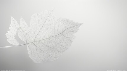   A tight shot of a leaf on a twig against a blurred, foggy sky in monochrome