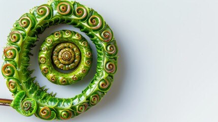   A tight shot of a green object, featuring a spiral pattern on its side, against a pristine white background