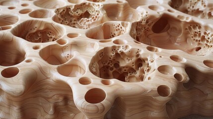   A tight shot of a wooden object featuring a central hub of multiple holes, with one larger hole at its core
