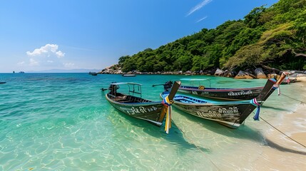 Colorful Traditional Thai Boats Lined Up Along Pristine Pattaya Beach with Lush Green Hills in the - obrazy, fototapety, plakaty