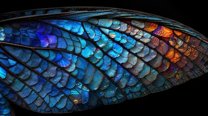   A tight shot of a bird's wing displays an array of multicolored feathers Feather hues include blue, orange, and yellow