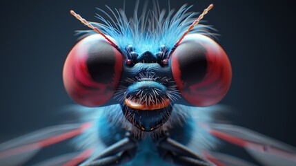   A tight shot of a blue-red insect's head against a black backdrop Its red and black eyes are prominent in the frame