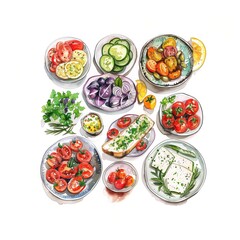Watercolor Assortment of Fresh Vegetables and Feta Cheese
