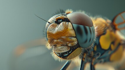   A tight shot of a fly's head and eyes, surrounded by a softly blurred backdrop of blue and yellow