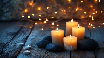 Candles an black hot stone on wooden background, selective focus, Generative AI,