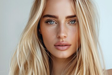 Fototapeta premium Stunning Natural Beauty Portrait, Blonde Woman with Striking Blue Eyes