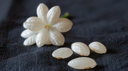   A group of white flowers sits atop a blue tablecloth, near a pair of white almonds