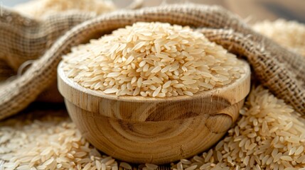   A wooden bowl filled with rice sits atop a table, nearby are bales of baled rice