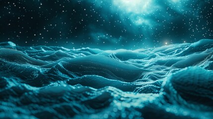   A digital rendering of a blue ocean with a radiant star in the sky casting light upon its tranquil waves