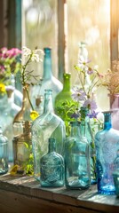 Sunlit Vintage Glass Bottles on Wooden Window Sill with Flowers