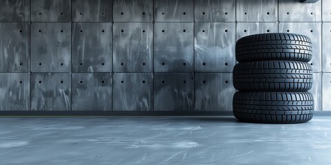 Black car tires stacked against a background of a gray slab wall, with copy space. Workshop and repair concept for banners, posters, and print - Powered by Adobe