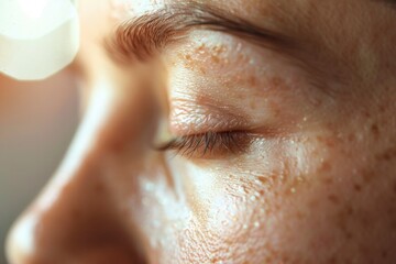 Close-Up of a Moisturized Skin and Closed Eye with Dropper