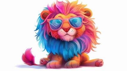 Fototapeta premium cartoon lion wearing colored glasses on a white background. selective focus ,Generative AI,