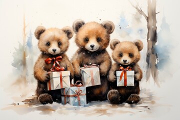 Adorable Watercolor Trio of Bears with Gifts Illustration