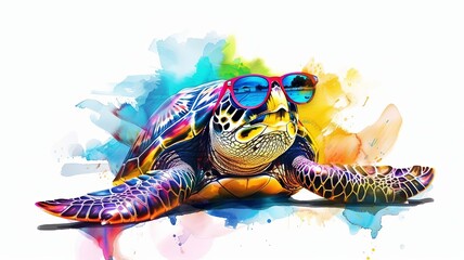 cartoon turtle wearing colored glasses on a white background. selective focus animals, Generative AI,