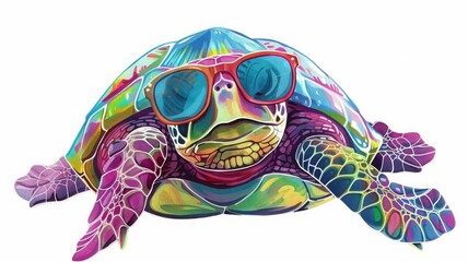 cartoon turtle wearing colored glasses on a white background. selective focus animals, Generative AI,