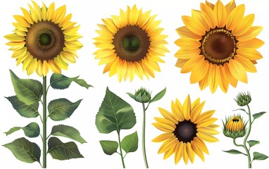 Spring sunflower bouquet. Isolated realistic petals, flowers, branches, leaves vector set.