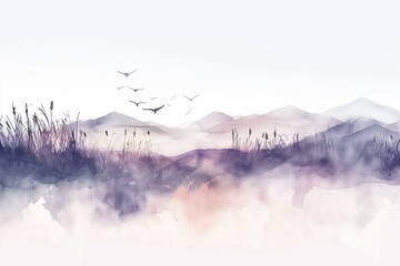 Watercolor Landscape with Birds over Misty Mountains

