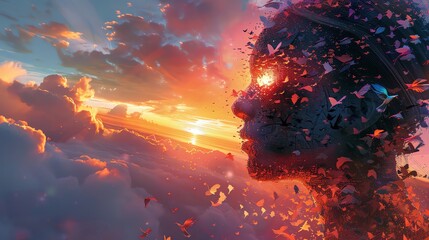 Illustrate a robotic avians perspective through a mesmerizing fusion of pixelated hues evoking an ethereal sunset, merging digital precision with the dreamlike essence of a Van Gogh masterpiece