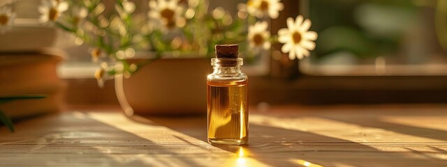 Obraz na płótnie Canvas Chamomile essential oil in a small bottle. Selective focus. Generative AI,