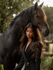 A woman in a sleek, black jumpsuit leans confidently against a majestic Arabian horse The horse, with its flowing mane and tail, snorts softly, adding an air of sophistication to the relaxed fashion s - obrazy, fototapety, plakaty