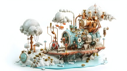 Whimsical Mechanical Contraption Floating in Surreal Dreamscape