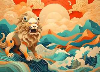 Illustration of a lion on a mountain with the sun and mountain  ,sea,sky chinese style - obrazy, fototapety, plakaty