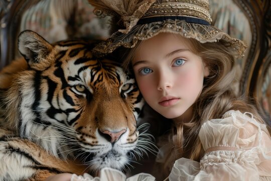 A freshfaced ingenue radiates youthful sophistication, whimsically posing with a regal tiger in a chic yet ethereal studio portrait session