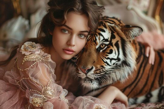 A freshfaced ingenue radiates youthful sophistication, whimsically posing with a regal tiger in a chic yet ethereal studio portrait session