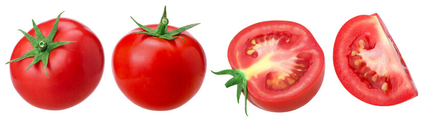 Tomatoes, half and piece tomato isolated, transparent PNG, PNG format, juicy
