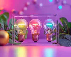 Creative presentation of lightbulbs enclosed in a glass rectangle, against a vibrant pastel purple background, denoting energy and clarity in design - obrazy, fototapety, plakaty