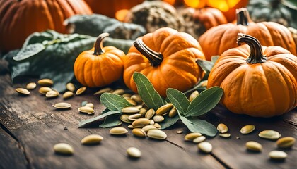 Pumpkins with pumpkin seeds and sage leaves
